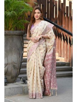 Beatitude - Beige Cotton Jamdani Saree with Unstitched Blouse