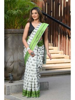 Beatitude - White & Green Cotton Saree with Unstitched Blouse
