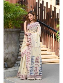 Beatitude - Beige Cotton Jamdani Saree with Unstitched Blouse
