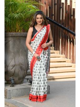 Beatitude - White & Red Cotton Saree with Unstitched Blouse