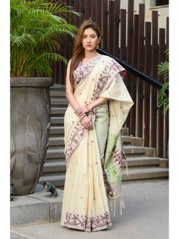 Beatitude - Beige & Green Cotton Jamdani Saree with Unstitched Blouse