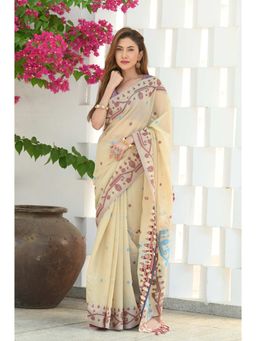 Beatitude - Beige & Blue Cotton Jamdani Saree with Unstitched Blouse