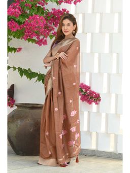 Beatitude - Brown Cotton Saree with Unstitched Blouse