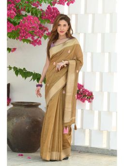 Beatitude - Beige Cotton Saree with Unstitched Blouse