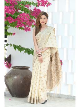 Beatitude - Beige & Brown Cotton Jamdani Saree with Unstitched Blouse