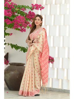 Beatitude - Beige & Red Cotton Jamdani Saree with Unstitched Blouse