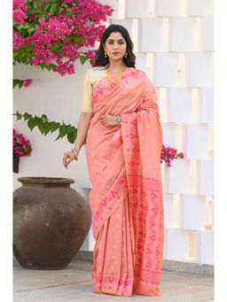 Beatitude - Peach Cotton Silk Jamdani Saree with Unstitched Blouse