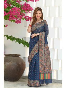 Beatitude - Navy Blue Modal Silk Woven Saree with Unstitched Blouse
