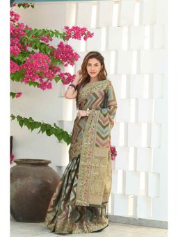 Beatitude - Olive Organza Saree with Unstitched Blouse