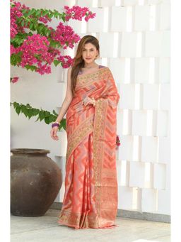 Beatitude - Orange Organza Saree with Unstitched Blouse