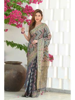 Beatitude - Blue Organza Saree with Unstitched Blouse