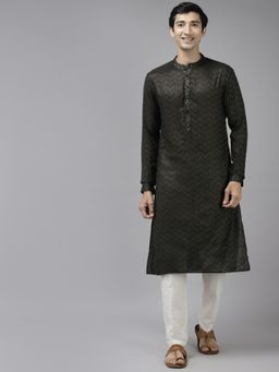 See Designs - Men Black & Beige Woven Design Thread Work Kurta