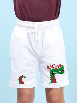 Nusyl - Boys White Dinosaur Graphic Printed Shorts