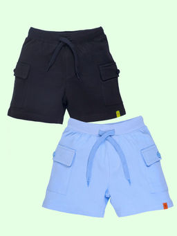 KiddoPanti - Boys Blue and Black Cotton Basic Knit Shorts (Pack of 2)