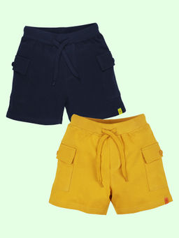 KiddoPanti - Boys Yellow and Navy Blue Cotton Basic Knit Shorts (Pack of 2)