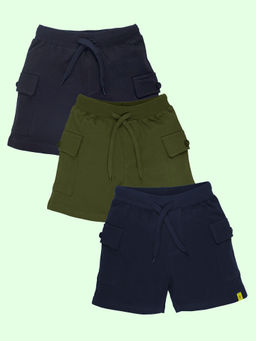 KiddoPanti - Boys Black-Navy Blue and Military Green Basic Knit Shorts (Pack of 3)