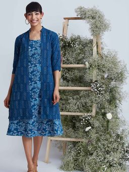 Okhai - Midnight Ocean Hand Block Printed Dress with Jacket (Set of 2)