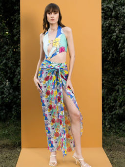 MANDIRA WIRK - Women Multi Color Hibiscus Printed Body Suit with Long Sarong