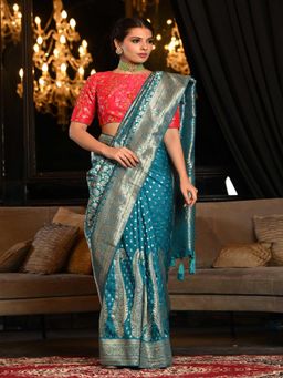 Beatitude - Blue Banarasi Saree Stone Work with Unstitched Blouse