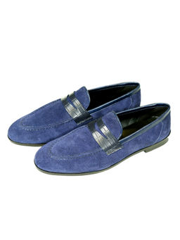 SHUTIQ - Blue Azure Rawhide With Croco Bar Suede Leather Loafers