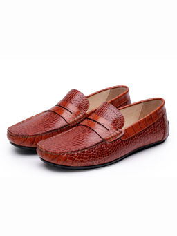 SHUTIQ - Tan Croco Textured Leather Loafers