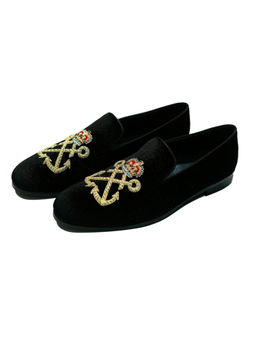SHUTIQ - Coal Crossed Anchors Black Embroidered Leather Loafers