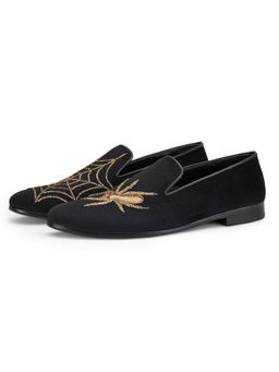 SHUTIQ - Black Cobweb Velvet Embellished Loafers