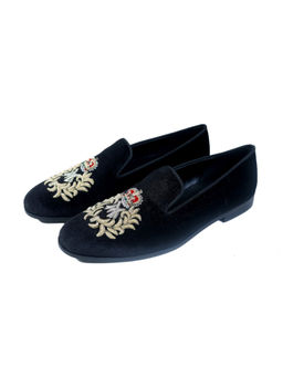 SHUTIQ - Laurels Coal Black Velvet Hand Embroidered Loafers