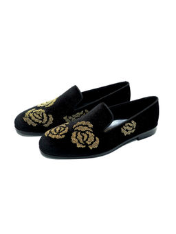 SHUTIQ - Roseate Coal Black Velvet Embellished Loafers