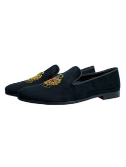 SHUTIQ - Royal Emblem Coal Black Zardozi Embroidered Loafers