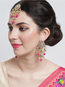 Karatcart - Gold Plated Embellished Pink Kundan Tassel Earrings with Maangtikka