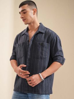 HIGHLANDER - Men Navy Blue Oversized Dobby Striped Oversized Shirt