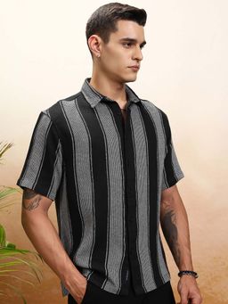 HIGHLANDER - Men Black Pique Dobby Textured Oversized Shirt