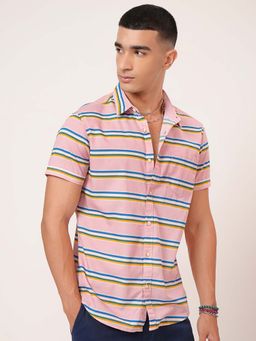 HIGHLANDER - Men Pink Horizontal Stripes Slim Fit Casual Cotton Shirt