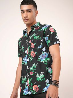 HIGHLANDER - Men Black Floral Print Slim Fit Casual Shirt