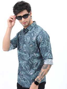 HIGHLANDER - Men Teal Slim Fit Paisley Printed Casual Cotton Shirt