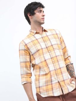 HIGHLANDER - Men Yellow Slim Fit Checks Casual Cotton Shirt