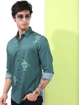 HIGHLANDER - Men Teal Floral Printed Slim Fit Casual Cotton Shirt
