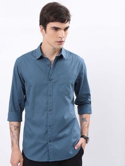 HIGHLANDER - Men Teal Printed Slim Fit Cotton Casual Shirt