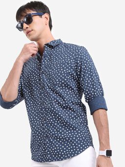 HIGHLANDER - Men Navy Blue Floral Printed Cotton Slim Fit Casual Shirt