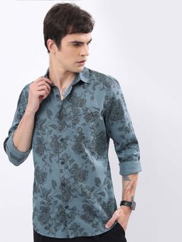 HIGHLANDER - Men Teal Floral Printed Slim Fit Cotton Casual Shirt