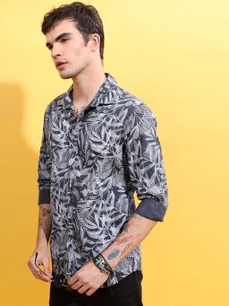 HIGHLANDER - Men Navy Blue Leaf Printed Slim Fit Cotton Casual Shirt