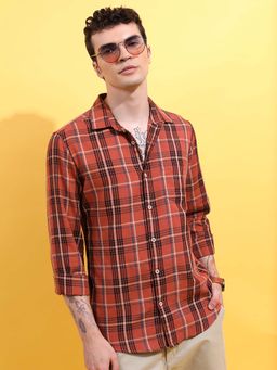 HIGHLANDER - Men Rust Slim Fit Checks Casual Shirt