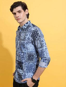 HIGHLANDER - Men Blue Slim Fit Floral Printed Casual Cotton Shirt