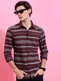 HIGHLANDER - Men Maroon Slim Fit Horizontal Stripes Casual Shirt