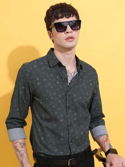 HIGHLANDER - Men Dark Green Slim Fit Floral Printed Cotton Party Shirt