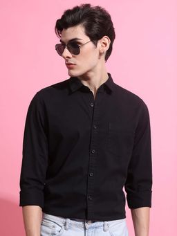 HIGHLANDER - Men Black Slim Fit Solid Casual Cotton Shirt