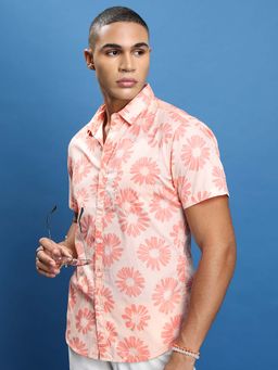 HIGHLANDER - Men Peach Slim Fit Floral Printed Cotton Casual Shirt