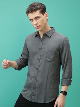 HIGHLANDER - Men Grey Slim Fit Checks Cotton Casual Shirt