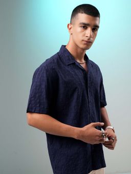 HIGHLANDER - Men Navy Blue Mock Lino Dobby Textured Relaxed Fit Shirt